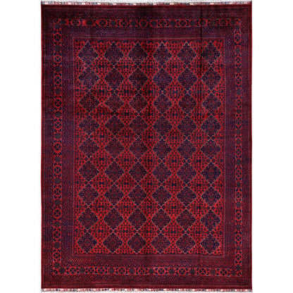 Rug 8'5"x11'2" Red Hand Knotted Afghan Khamyab with Geometric Pattern Wool