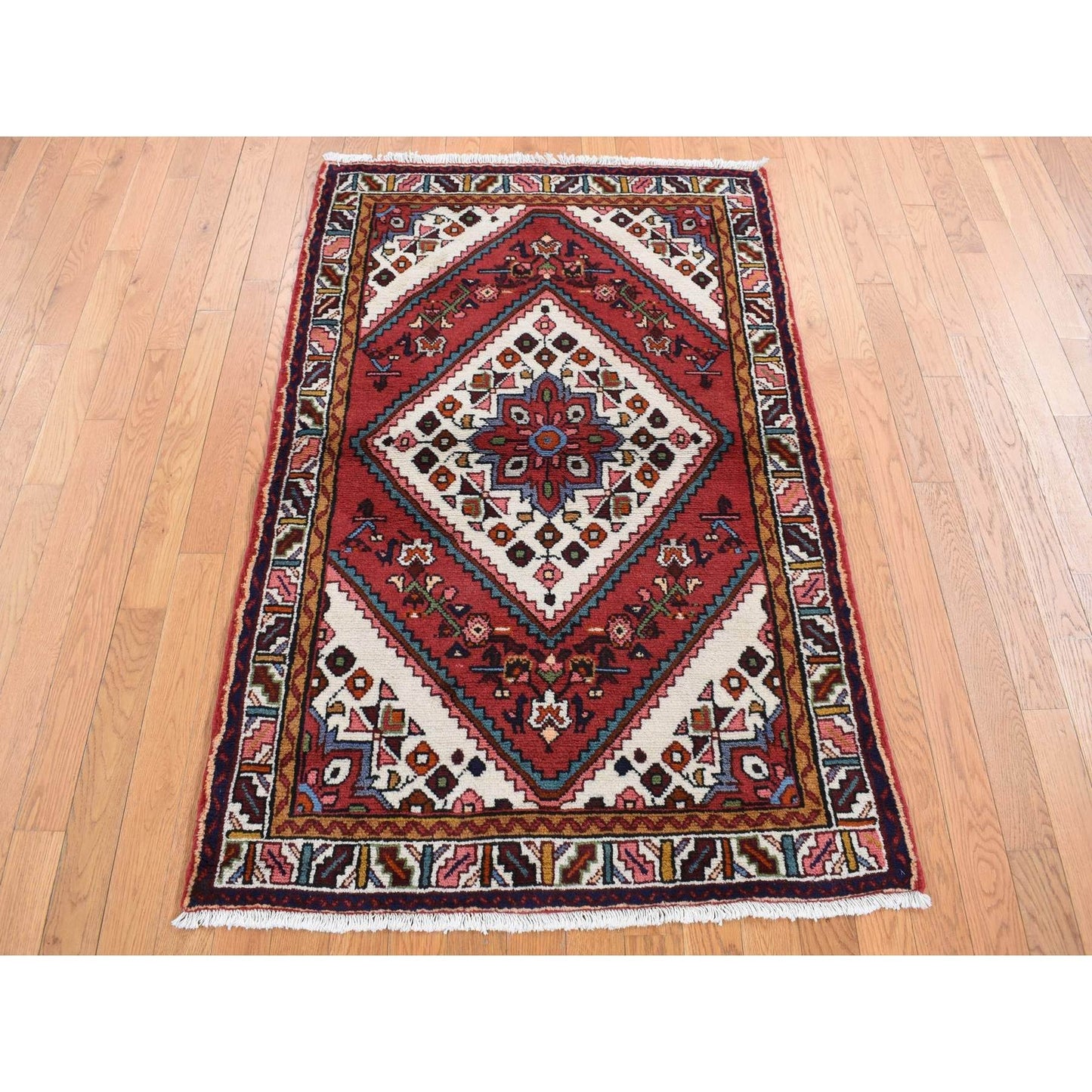 3'5"X5'1" Red New Zoroastrian Khamadan Design Pure Wool Hand Knotted Rug