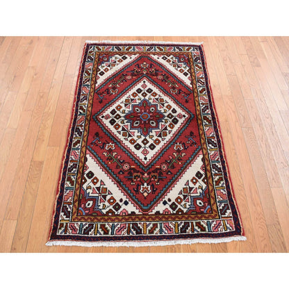3'5"X5'1" Red New Zoroastrian Khamadan Design Pure Wool Hand Knotted Rug