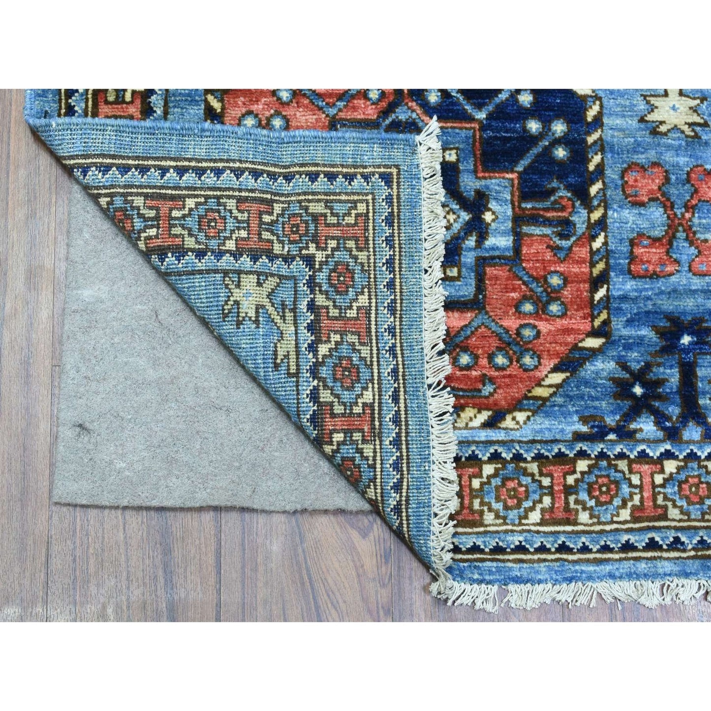 4'X11'8" Blue Pure Wool Hand Knotted Afghan Ersari Wide Runner Rug