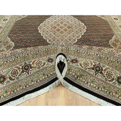 9'8"X14'2" Smoky Black Hand Knotted Wool Tebraz Mahi Fish Medallion Rug