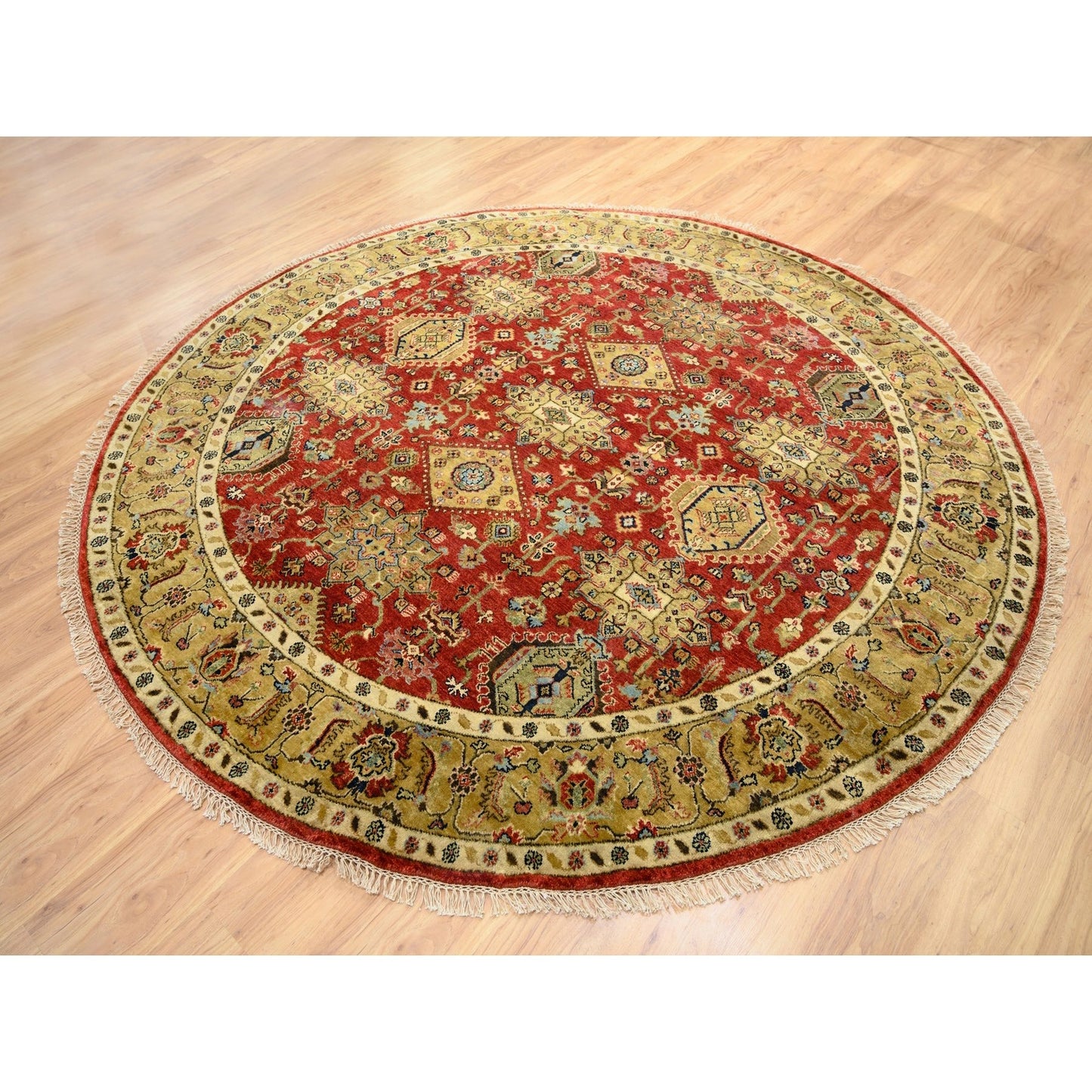 7'9"X7'9" Red Karjihooz Design Hand Knotted Pure Wool Oriental Round Rug