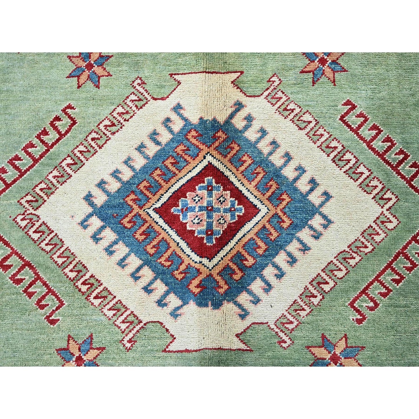 9'2"X11'7" Green Special Kazak Geometric Design Hand Knotted Pure Wool Rug