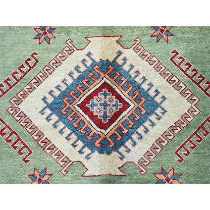 9'2"X11'7" Green Special Kazak Geometric Design Hand Knotted Pure Wool Rug