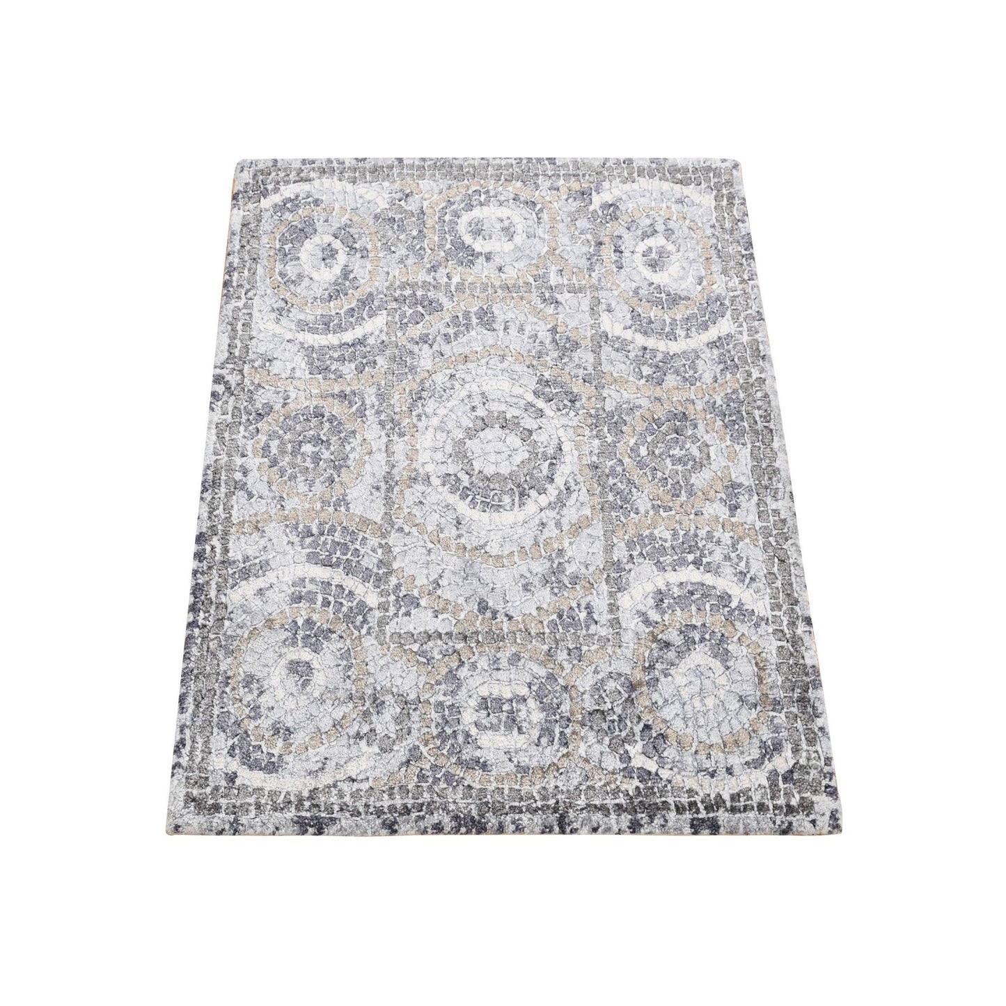 2'2"X3' Gray Silken Roman Mosaic Design Hand Knotted Sample Mat Rug