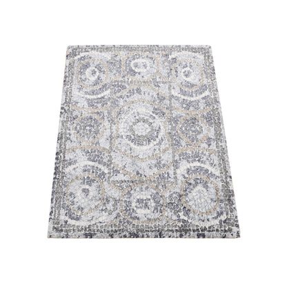2'2"X3' Gray Silken Roman Mosaic Design Hand Knotted Sample Mat Rug