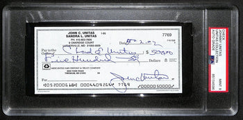 Johnny Unitas Signed 5/2/02 Check Psa/Dna Mint 9