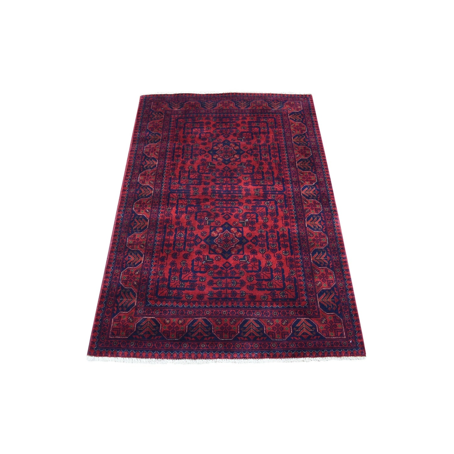 3'4"X4'9" Afghan Khamyab Soft Afghan Wool Deep Red Hand Knotted Rug