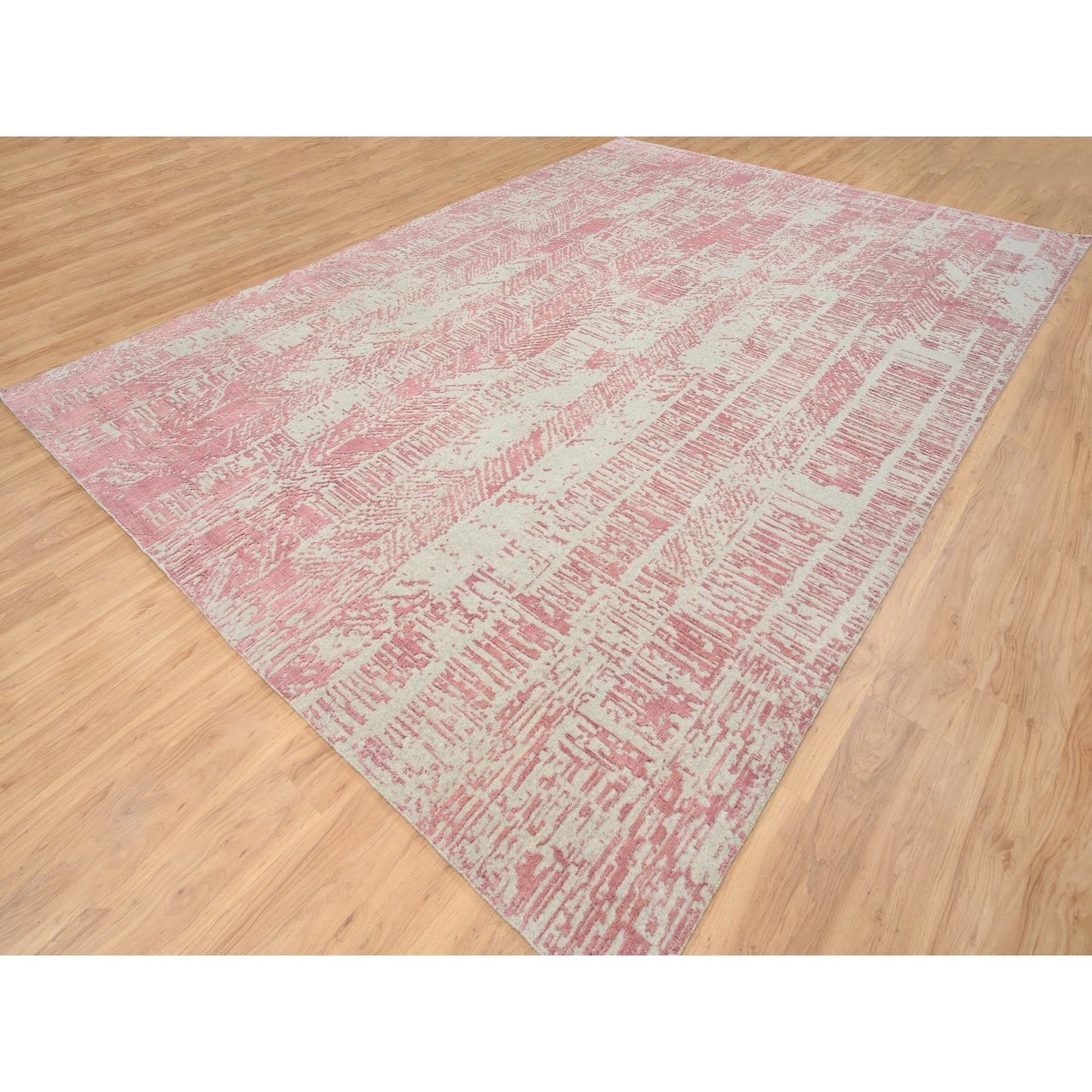 10'X14' Rose Pink Wool And Art Silk Jacquard Hand Loomed Rug