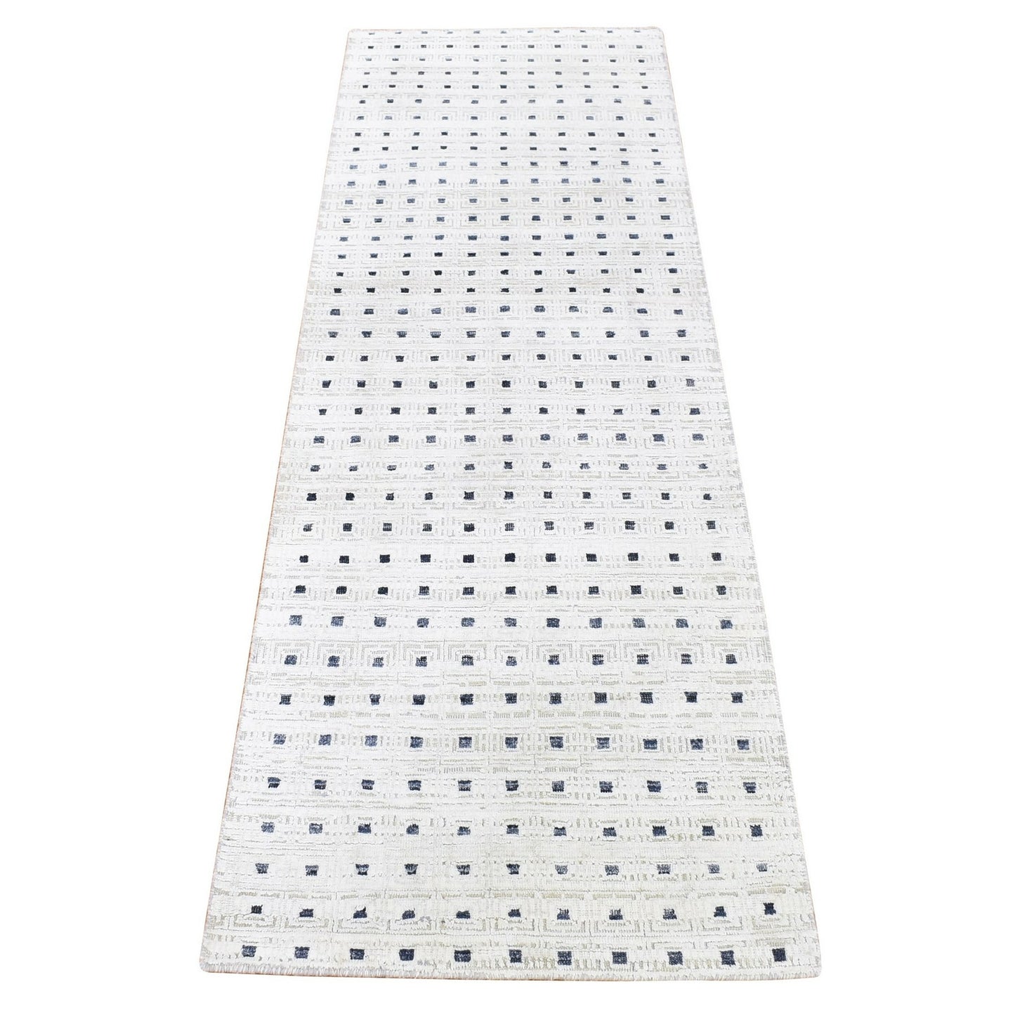 2'7"X8'1" Ivory Pure Silk With Wool Hand Knotted Modern Runner Rug