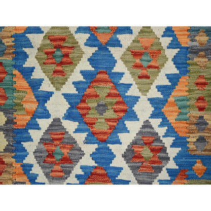 2'10"X8'3" Blue Flat Weave Geometric Afghan Kilim Pure Wool Runner Rug