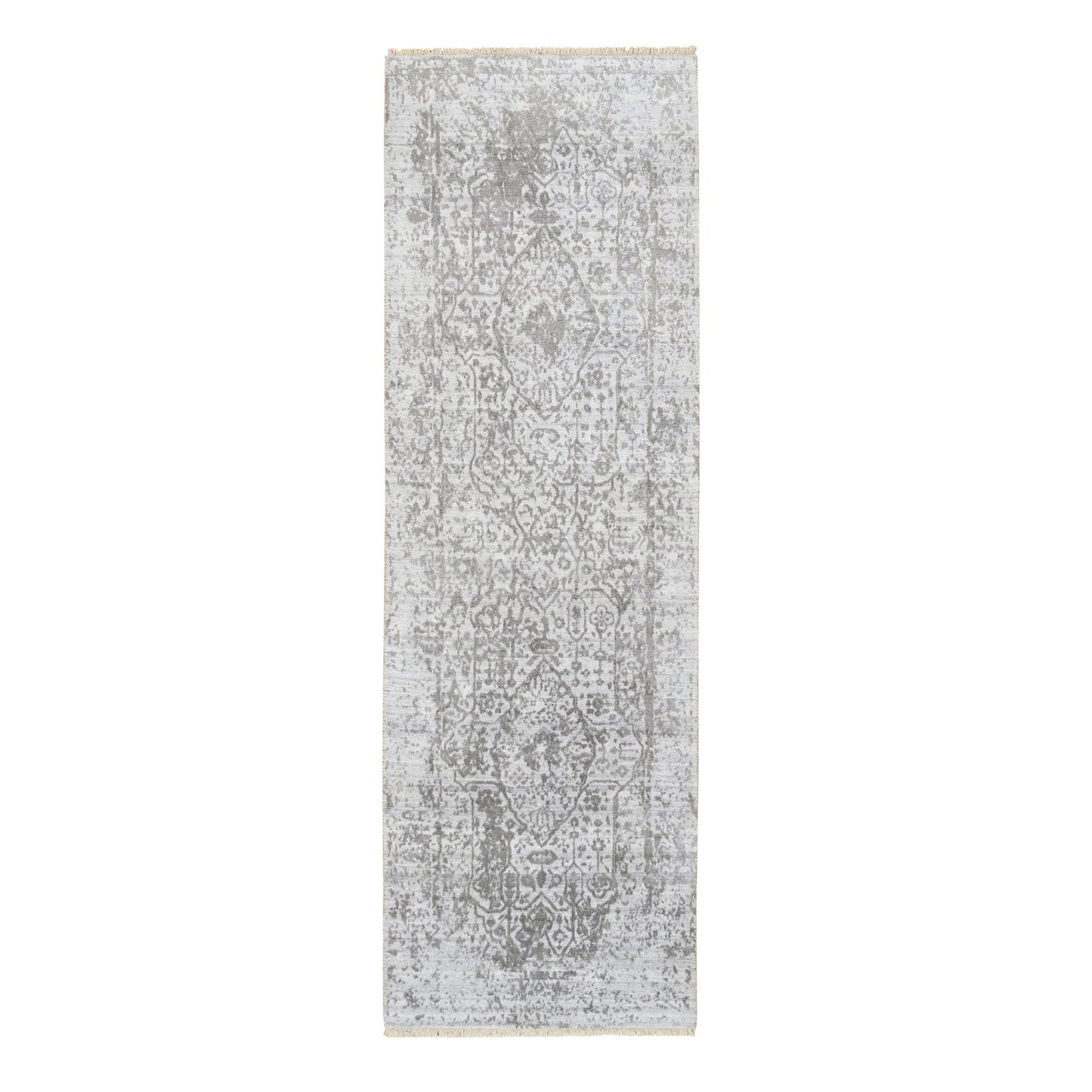 2'6"X8' Gray Broken Farsian Design Wool/Silk Hand Knotted Runner Rug