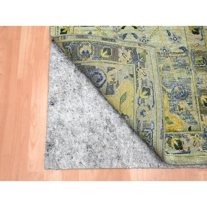 2'7"X10'6" Green Erased Birds Design Hand Knotted Pure Wool Runner Rug