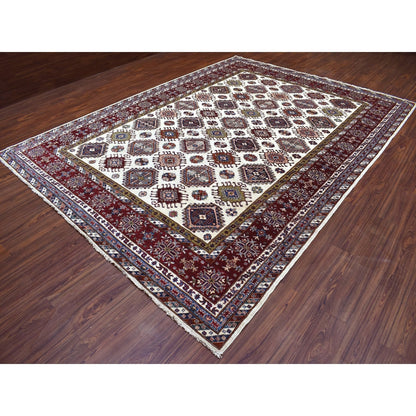 9'1"X12'4" Ivory Super Kazak Repetitive Medallions Wool Hand Knotted Rug