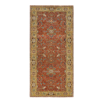 4'X10' Red Heris Re-Creation Hand Knotted Wool Wide Runner Rug