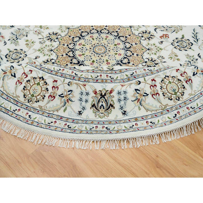 7'10"X7'10" Ivory Wool Hand Knotted Nain Design 250 Kpsi Round Rug