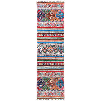 2'9"X9'8" Colorful Super Kazak Khorjin Design Wool Handknotted Runner Rug