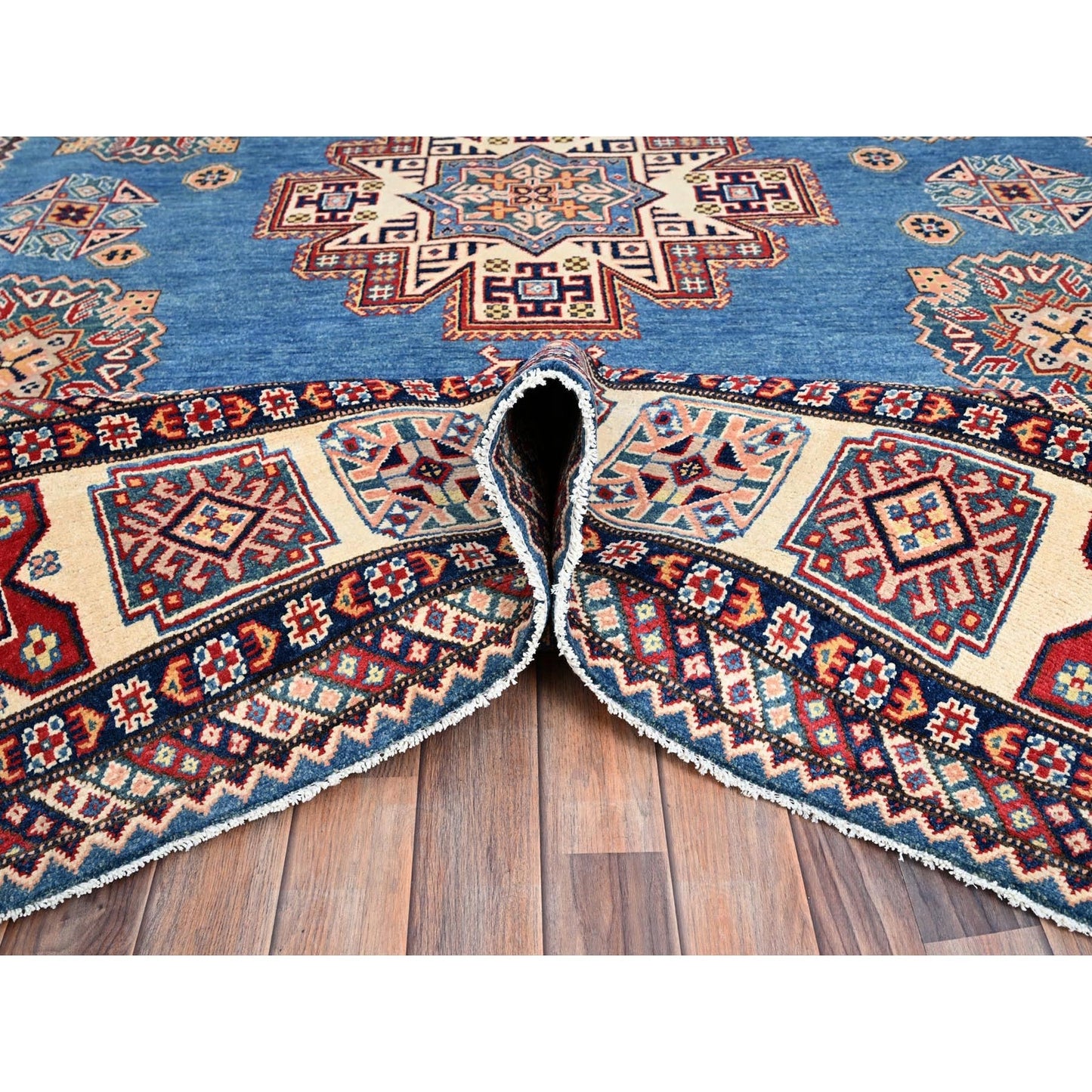 9'X11'8" Cerulean Blue Special Kazak Wool Hand Knotted Natural Dyes Rug