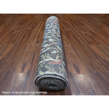 4'X12' Olive Black, Afghan Peshawar Hand Knotted Wool Wide Runner Rug