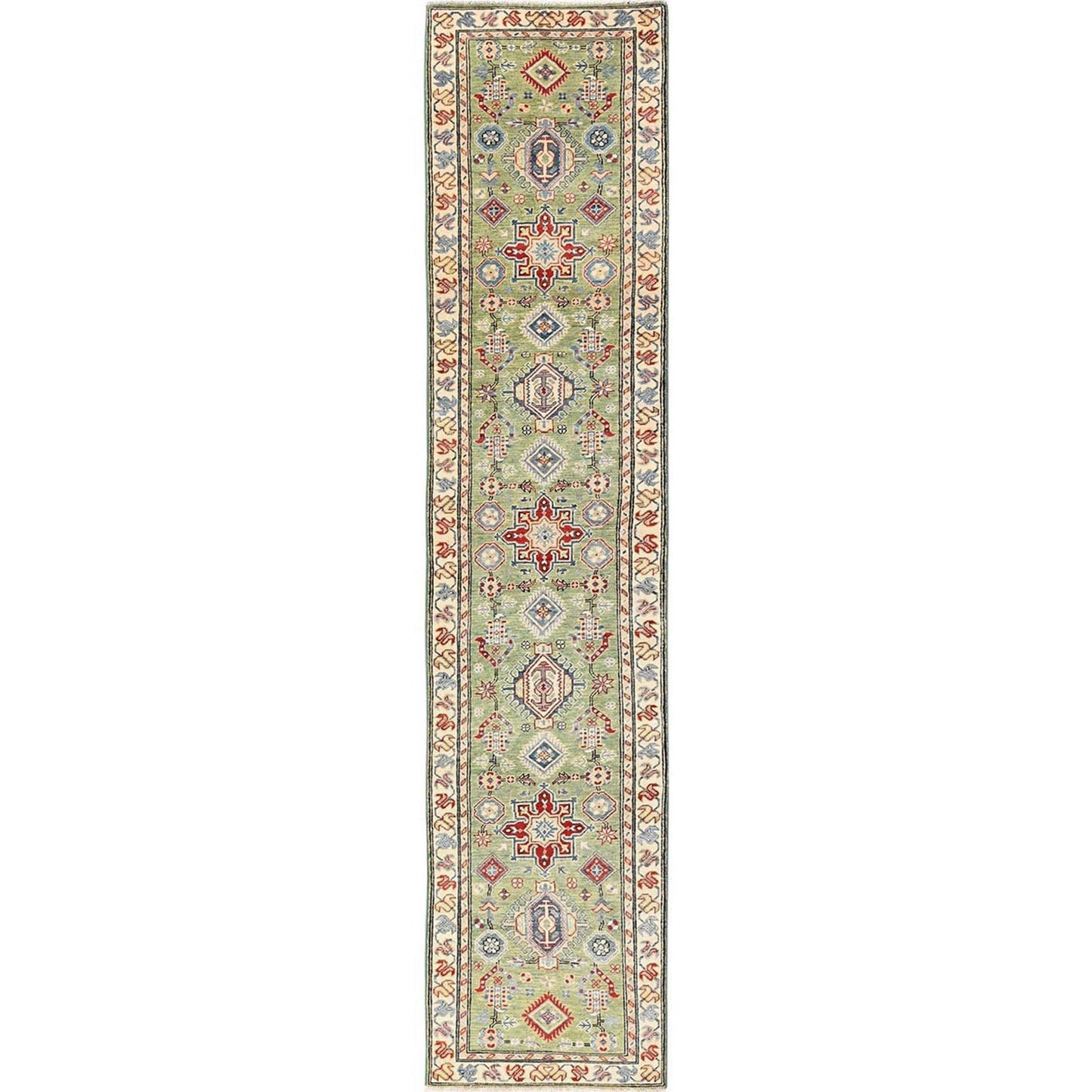 2'8"X13' Green Kazak Geometric Design Hand Knotted Rug Wool Runner