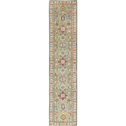 2'8"X13' Green Kazak Geometric Design Hand Knotted Rug Wool Runner