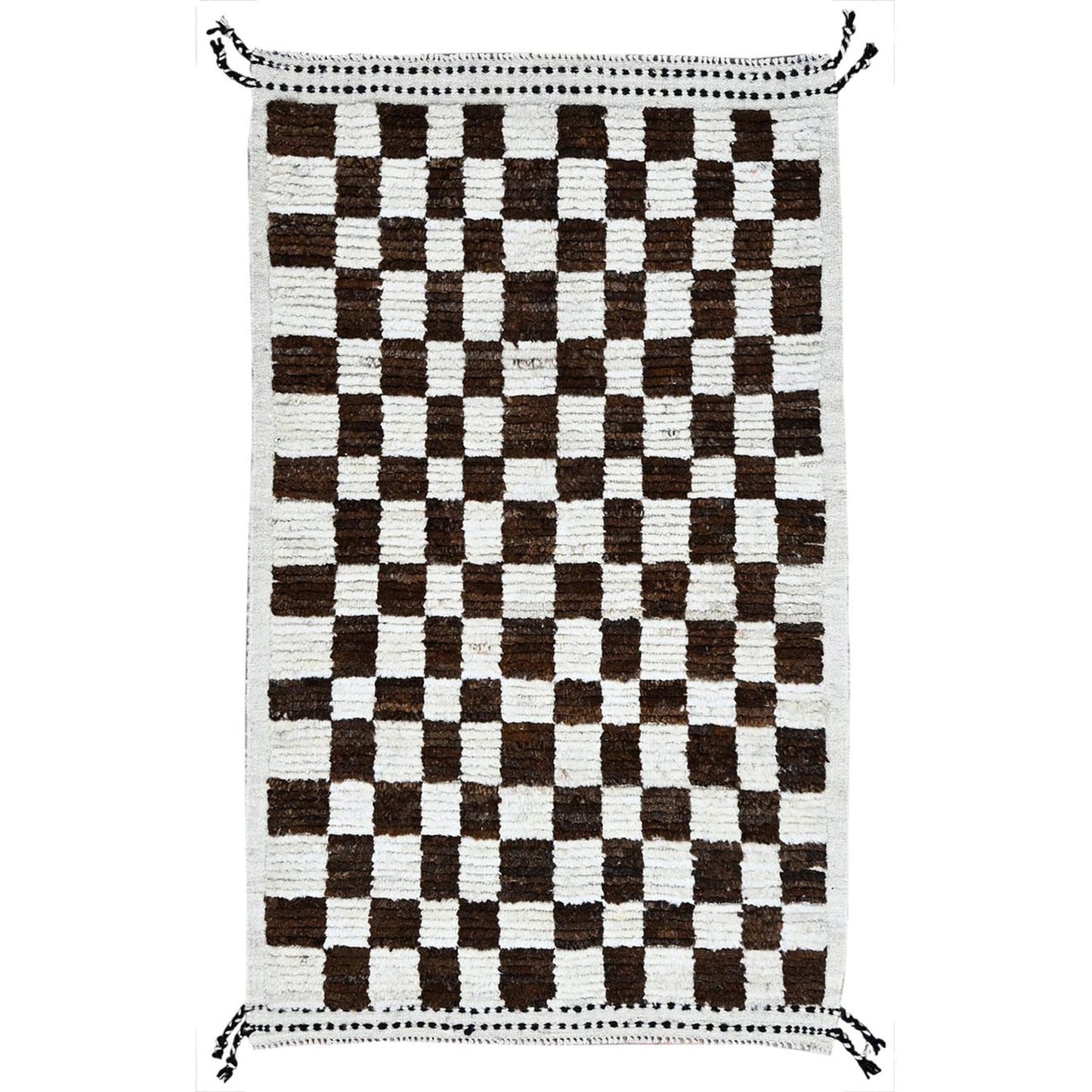 2'10"X4'10" Brown Moroccan Weave Squares Design Pure Wool Hand Knotted Rug