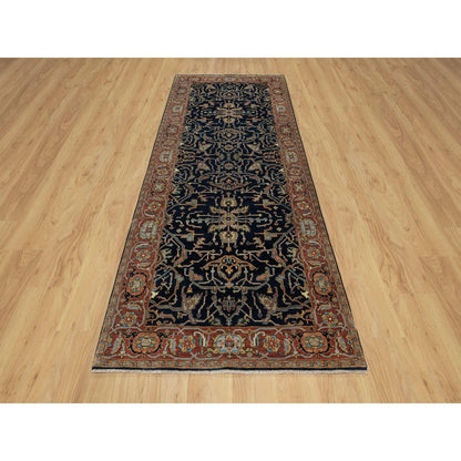 4'2"X10'2" Blue Antiqued Fine Heris Hand Knotted Natural Wool Runner Rug