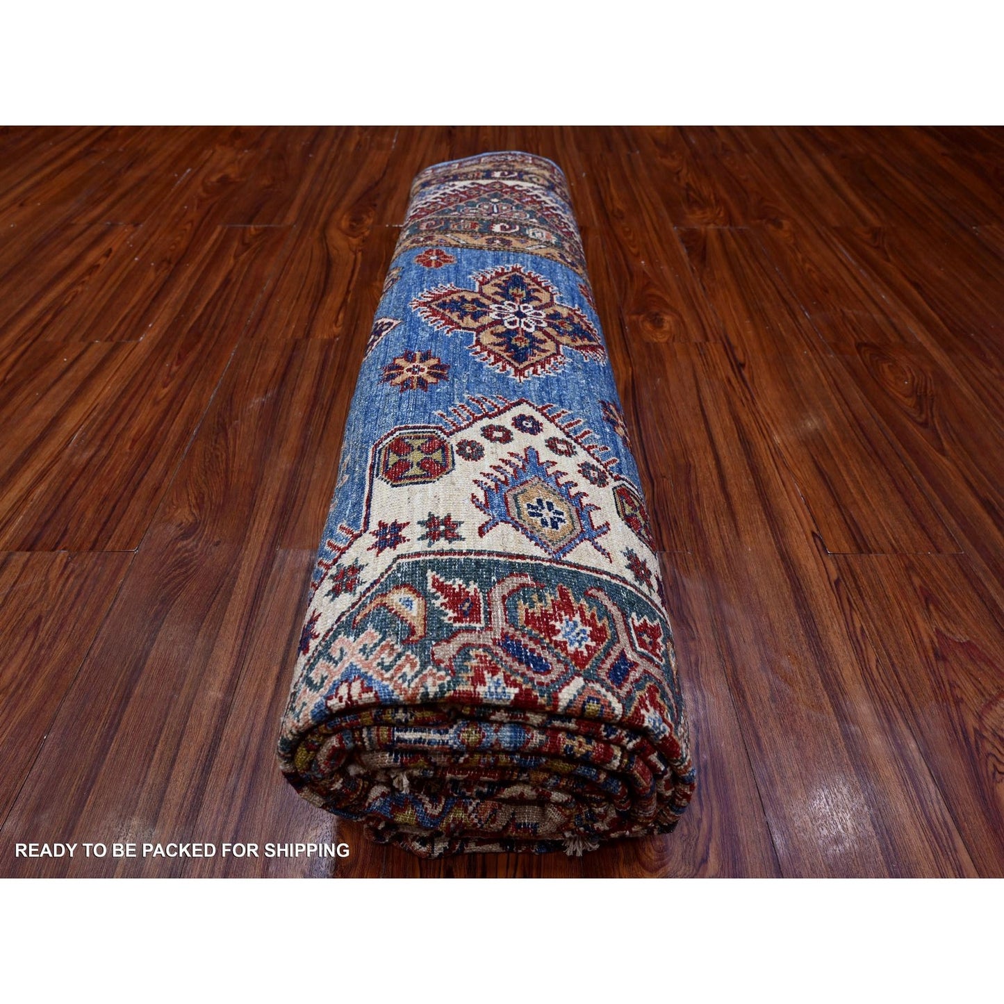 7'10"x10' Busty Blue Hand Knotted Wool Super Kazak Large Medallions Rug