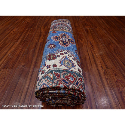 7'10"x10' Busty Blue Hand Knotted Wool Super Kazak Large Medallions Rug