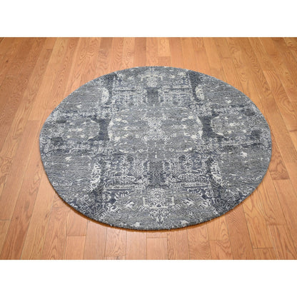 4'X4' Round Gray Wool And Pure Silk Jewellery Design Hand Knotted Rug