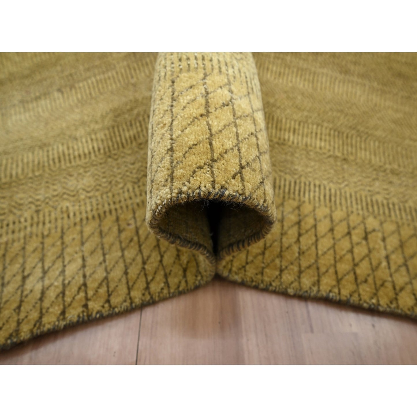 6'1"X9'6" Peanut Brown Modern Grass Design Hand Knotted Wool And Silk Rug