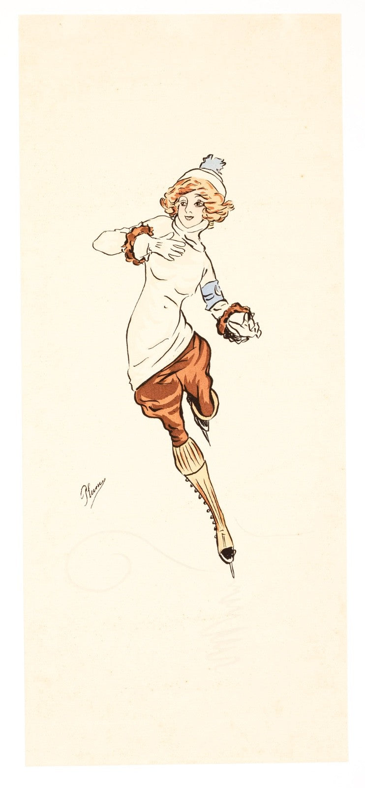 Lady Skater Aquarelle Circa 1910 With Fashionable Lady By Plum