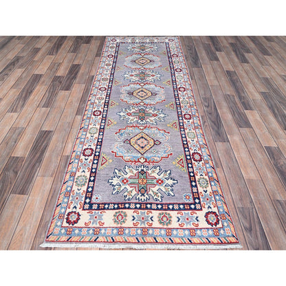 2'9"X7'10" Gray Kazak Tribal Medallions Hand Knotted Oriental Runner Rug