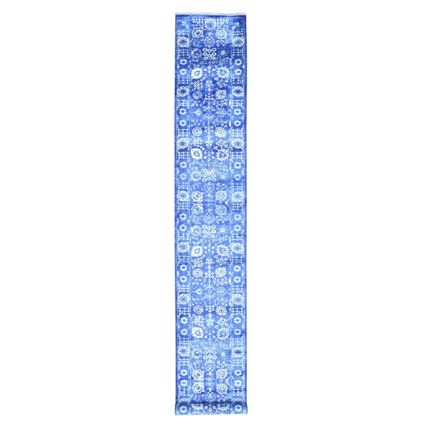 2'6"X16'10" Blue Tone On Tone Tebraz Wool/Silk Hand Knotted Xl Runner Rug
