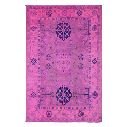 5'10"X9'1" Fuscia Pink Hand Knotted Overdyed Kazak Star Design Wool Rug