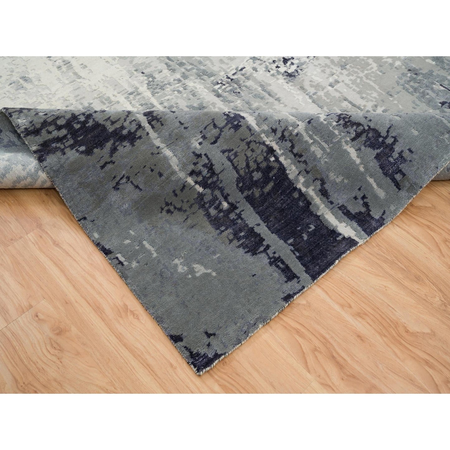 10'1"x14'1" Black Hand Knotted Modern Abstract Design Wool and Silk Rug
