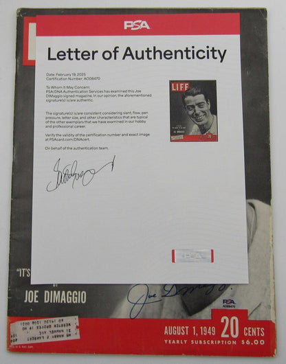 Joe Dimaggio Hof Signed/Auto Aug. 1, 1949 Life