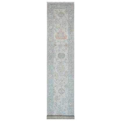 2'10"X15'9" White Hand Knotted Angora Oushak Leaf Design Wool Runner Rug