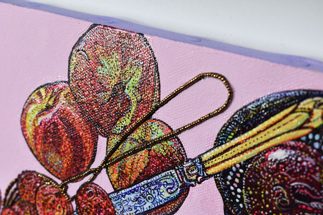 Mimi Yokoo Original Mixed Media Canvas Painting Skating Prune et Pomme