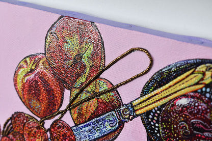 Mimi Yokoo Original Mixed Media Canvas Painting Skating Prune et Pomme
