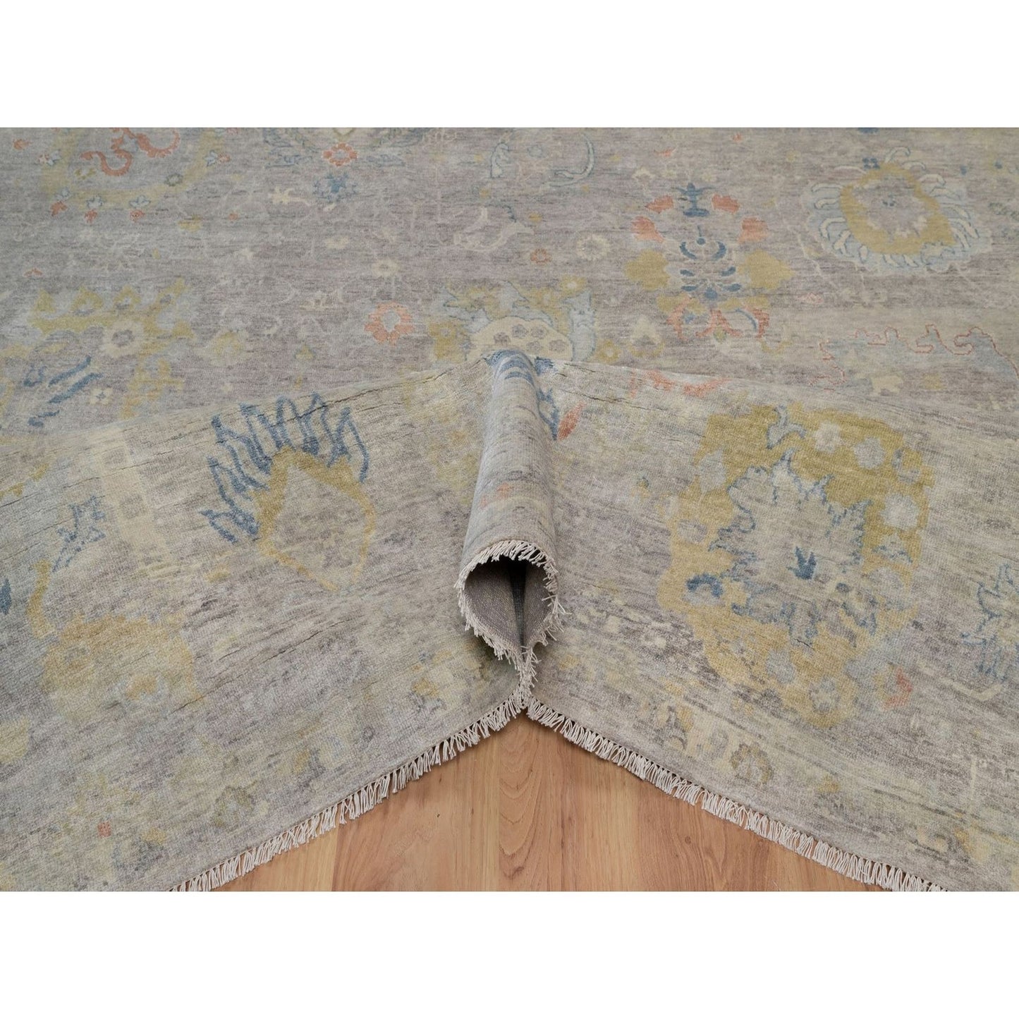 7'8"X10' Beige Hand Knotted Wool Rug Oushak With All Over Leaf Pattern
