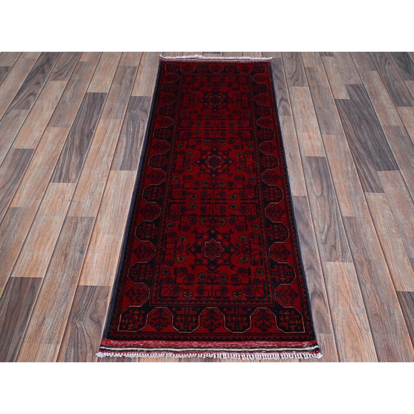 1'9"X4'9" Red Afghan Khamyab Geometric Pattern Hand Knotted Wool Runner Rug