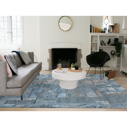 9'X12'2" Blue Modern Brick Design Hand Knotted Wool And Silk Rug