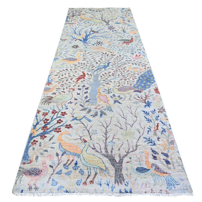 4'1"X12' Gray Organic Wool Hand Knotted Afghan Peshawar Wide Runner Rug