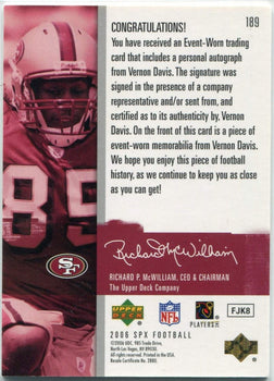 Vernon Davis 2006 Upper Deck Spx Jersey/Autographed Rc #189 251/350
