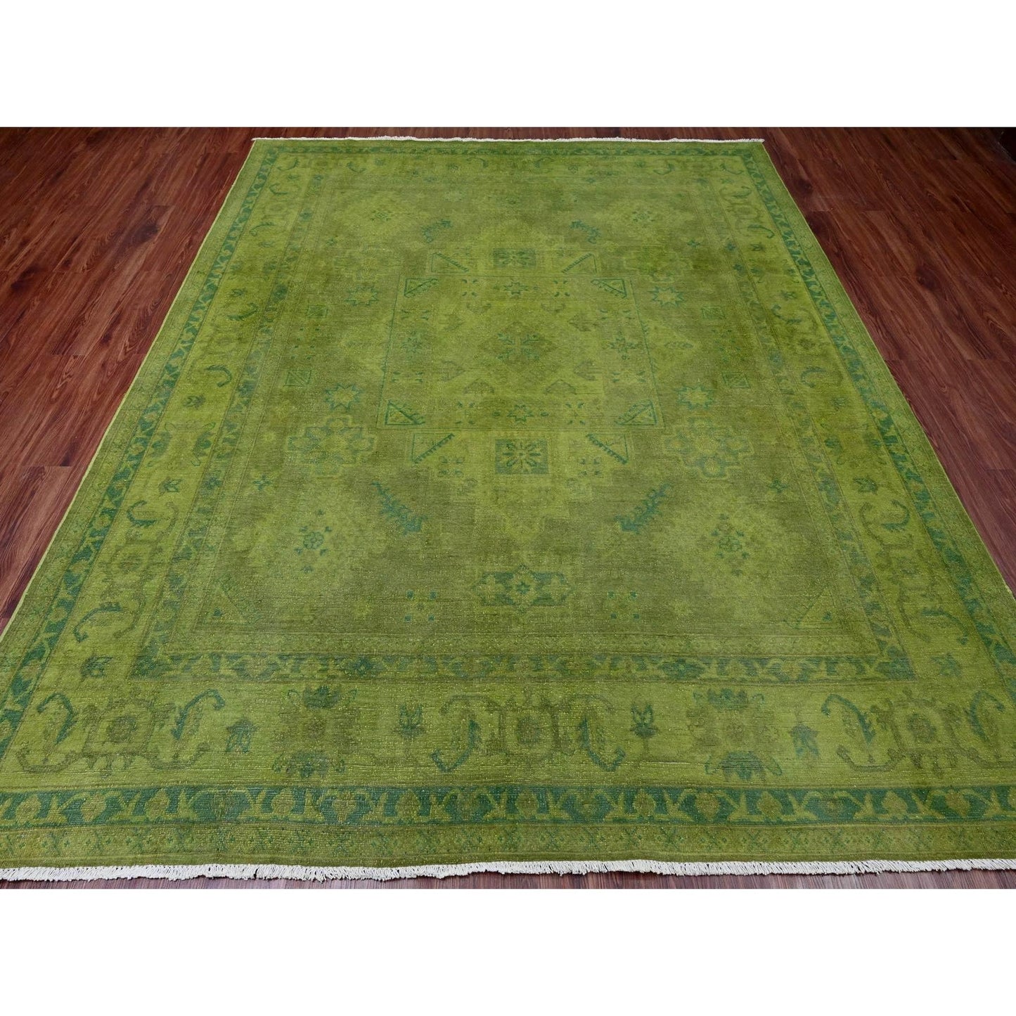 8'X9'6" Green Overdyed Kazak Geometric Pattern Hand Knotted Pure Wool Rug