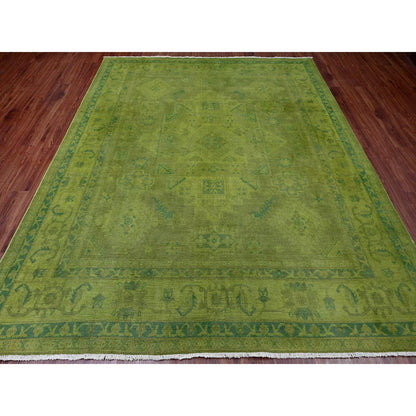 8'X9'6" Green Overdyed Kazak Geometric Pattern Hand Knotted Pure Wool Rug