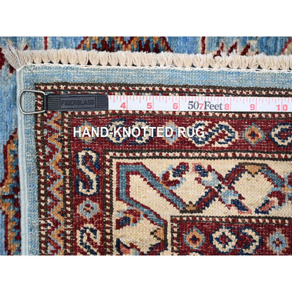 2'9"X8'8" Copen Blue Super Kazak Hand Knotted Medallions Wool Runner Rug