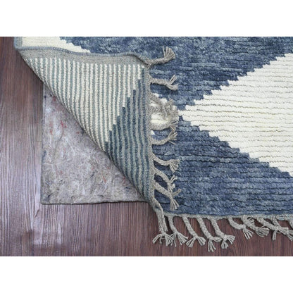 2'9"X10'3" Blue Moroccan Weave Geometric Hand Knotted All Wool Runner Rug