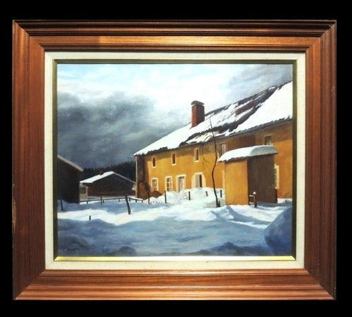 Yvette signed French village oil painting snow landscape